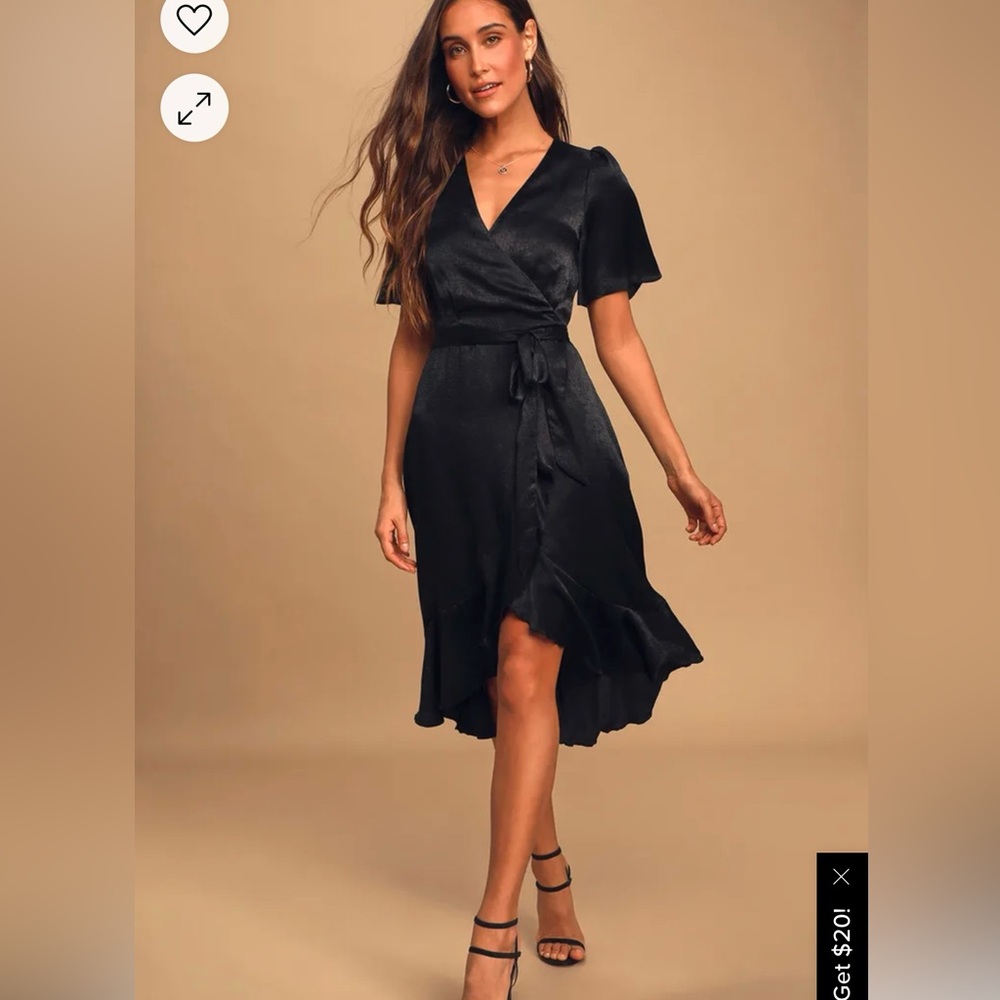 Wrapped Up In Love Black Satin Faux-Wrap Midi Dress